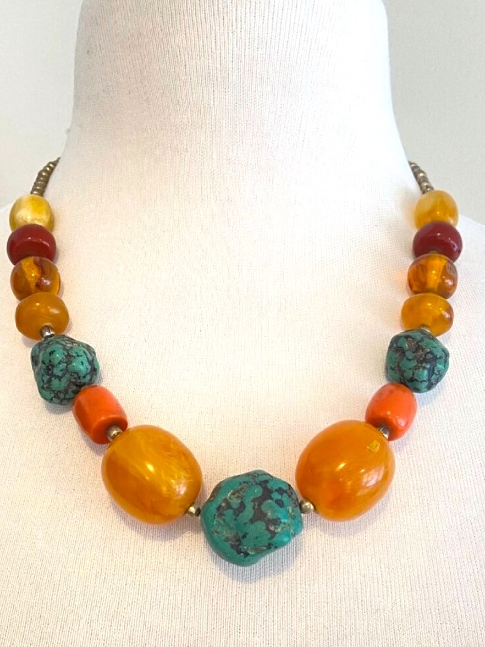 Y2K Maximalist Boho Chunky Beaded Necklace With Orange And Turquoise Statement B